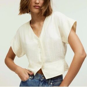 Madewell short sleeve button front cropped shirt, antique cream.